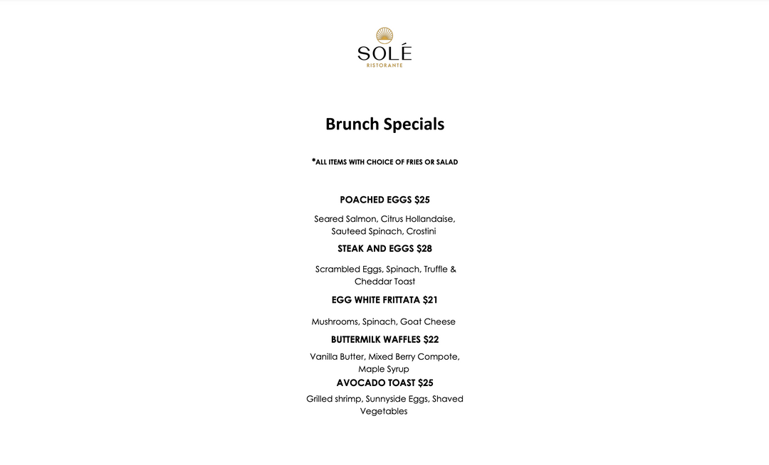 Solé Restaurant Menu
